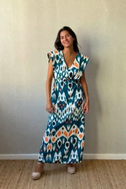 Vestido largo volante lateral estampado verde