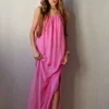 Vestido liso de gasa de tirantes fucsia
