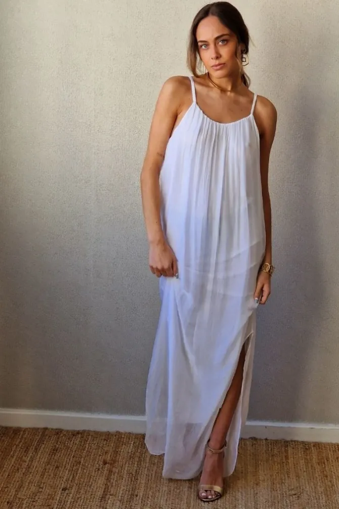 Vestido liso de gasa de tirantes blanco