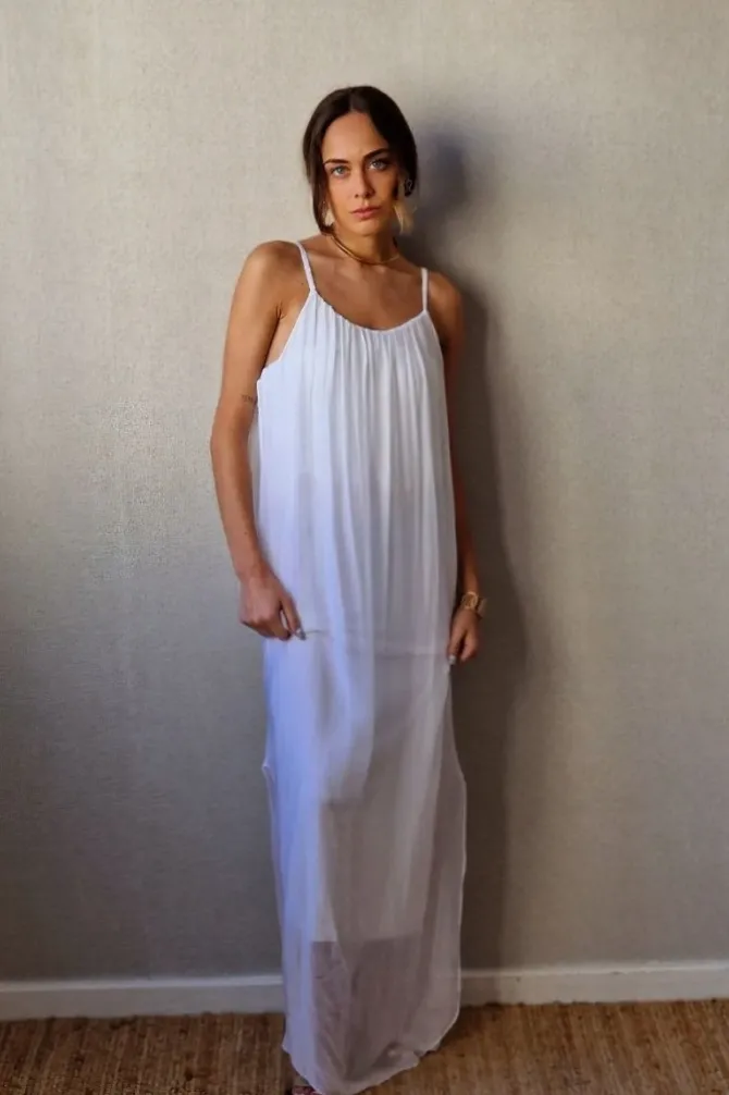 Vestido liso de gasa de tirantes blanco