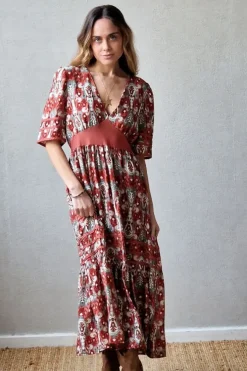 Vestido manga corta y escote estampado caldero y verde