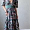 Vestido manga corta y escote estampado verde y morado