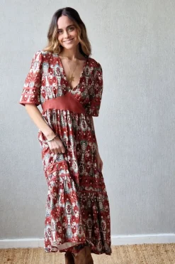Vestido manga corta y escote estampado caldero y verde