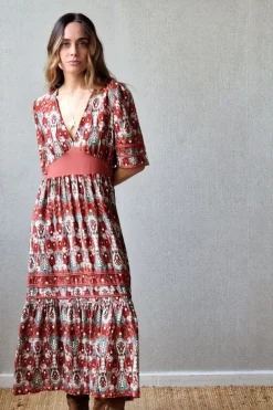 Vestido manga corta y escote estampado caldero y verde