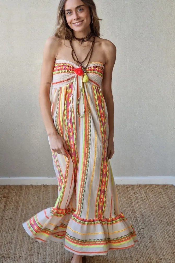 Vestido palabra de honor amarillo fluor