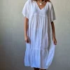 Vestido tipo lino cuello pico blanco