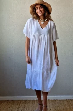 Vestido tipo lino cuello pico blanco