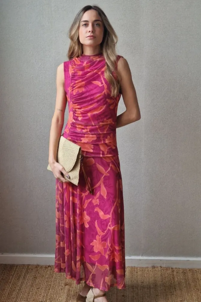 Vestido tul de flores fucsia