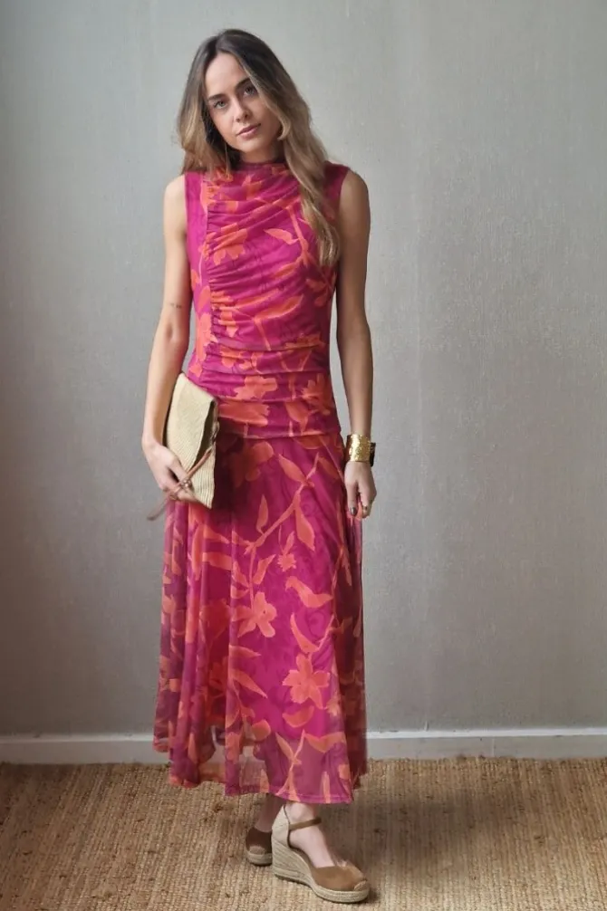 Vestido tul de flores fucsia