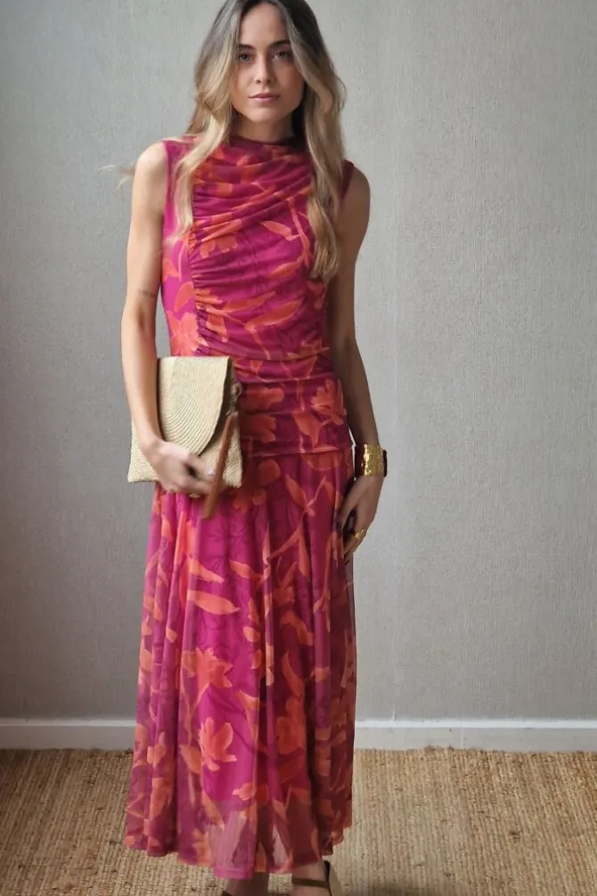 Vestido tul de flores fucsia
