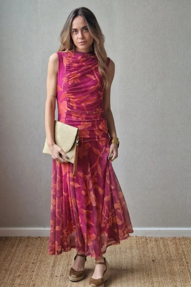 Vestido tul de flores fucsia