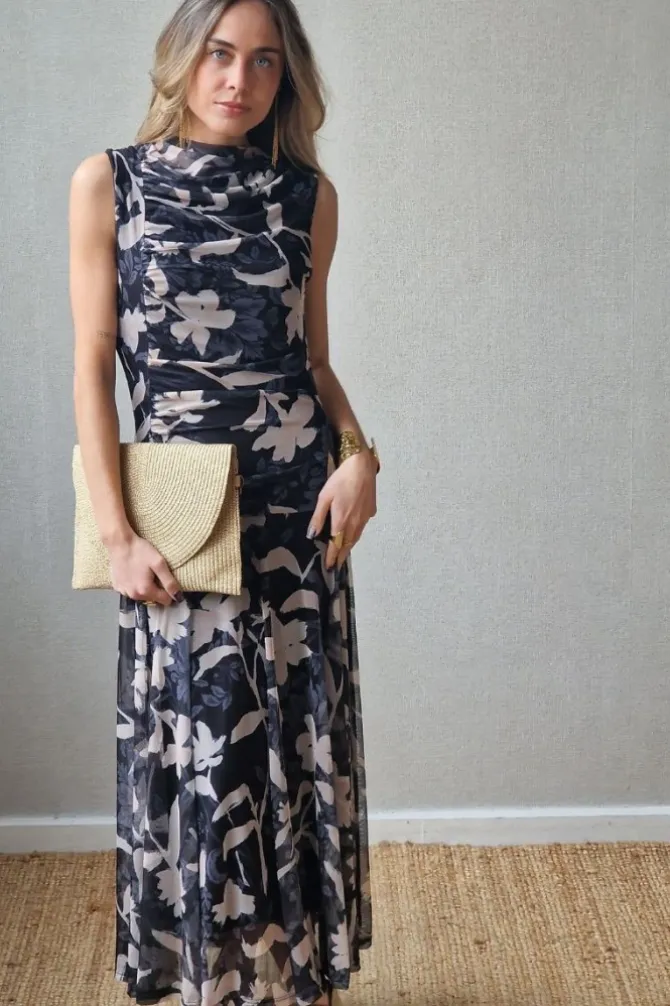 Vestido tul de flores negro