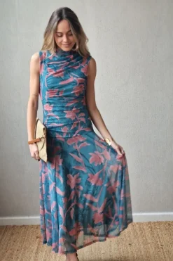 Vestido tul de flores verde