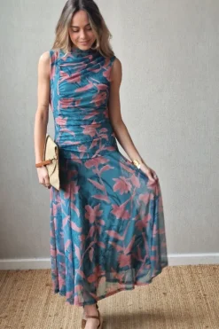 Vestido tul de flores verde